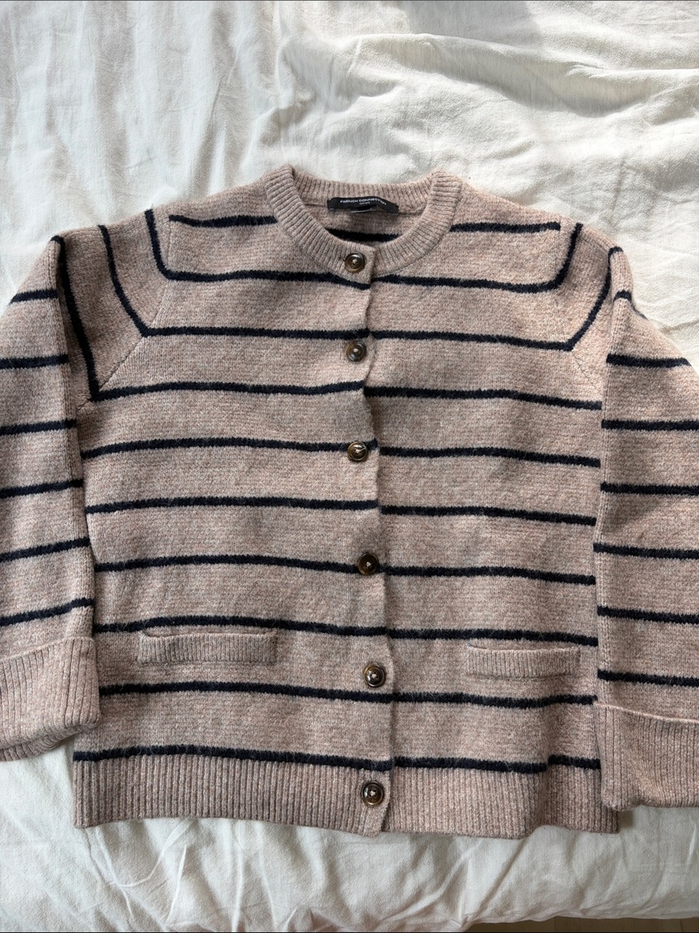 French Connection Beige & Black Striped Button Cardigan